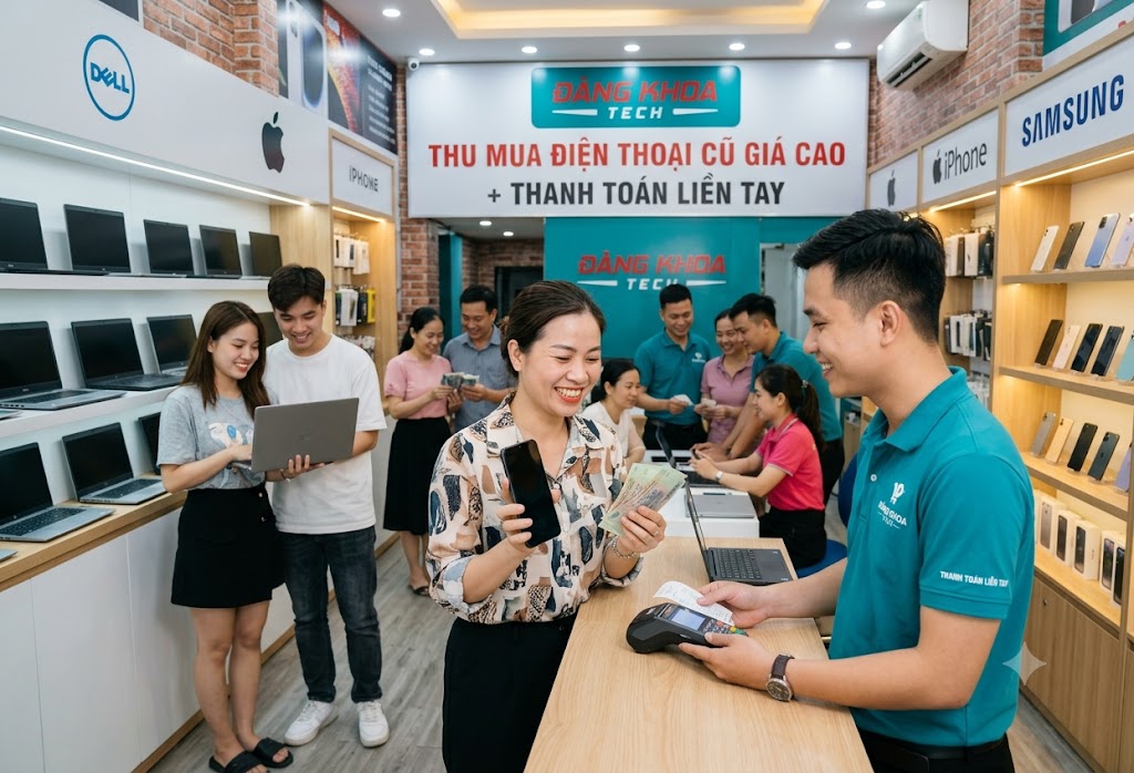 Kỹ thuật viên kiểm tra và định giá laptop, điện thoại cũ trước khi thu mua